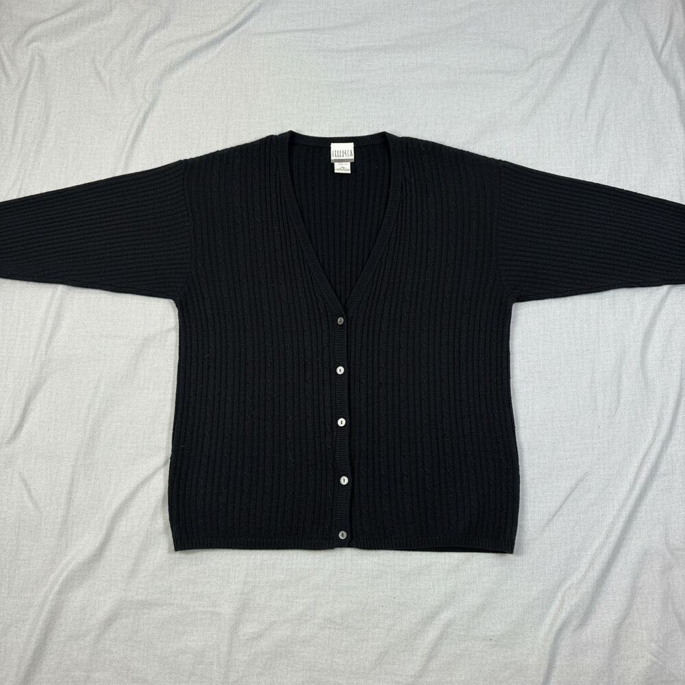Sellecca Black Ribbed Cardigan Sweater Women's‎ Large Button Front